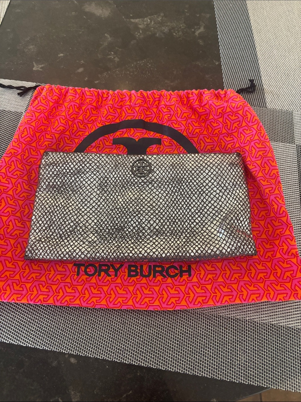 Tory Burch Silver Metallic Mesh Clutch with Logo Snap